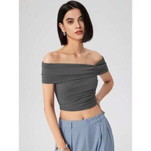 NWT‎ Cider Ruched Asymmetrical Off Shoulder Gray Shirt Large